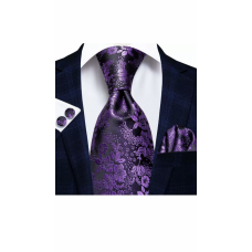 3delige set stropdas manchetknopen pochet paars zwart Bloemetjes